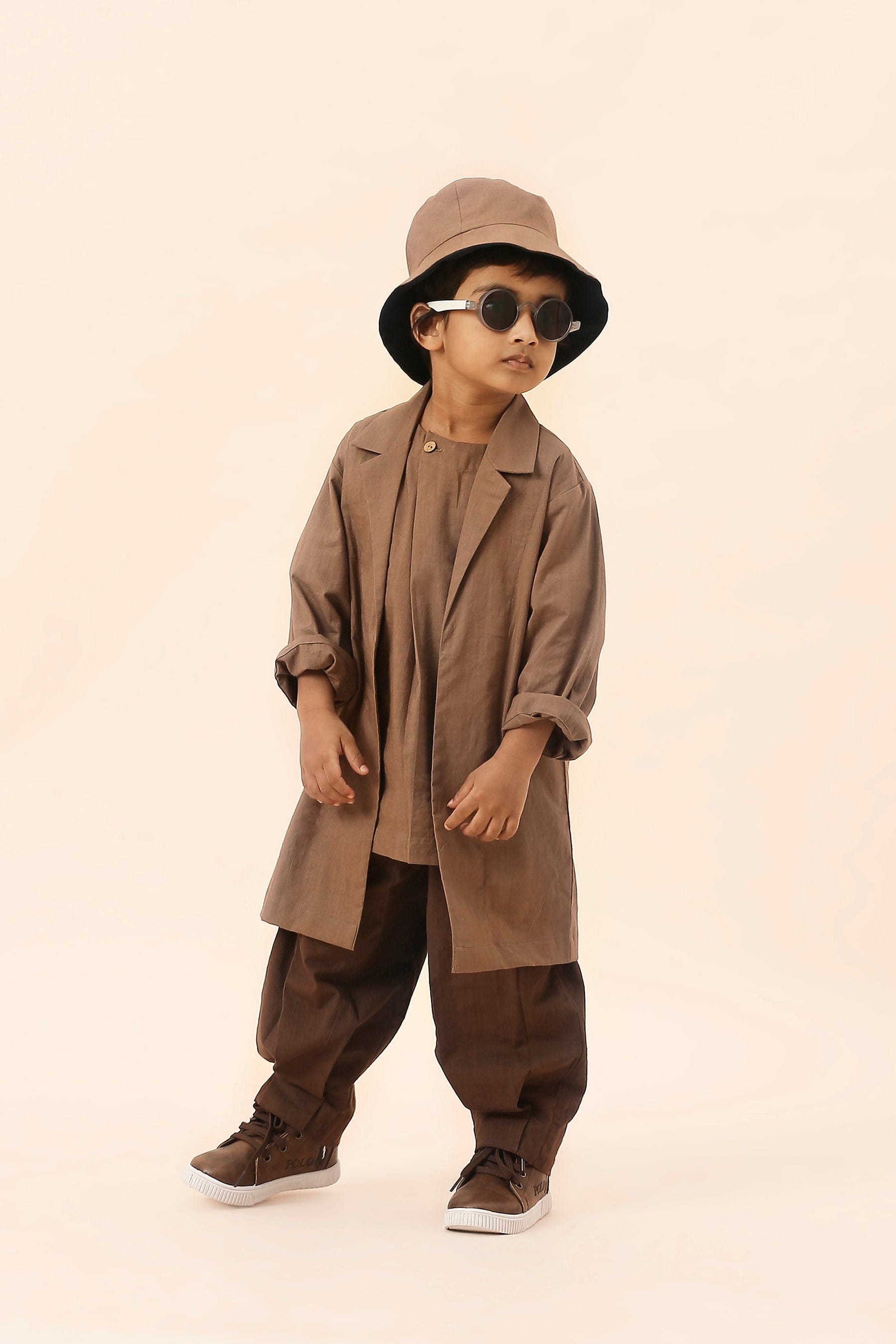 Mati Outfit Sets Mini MATI Boys Overlap Trouser Jacket Set - Beige & Brown (3 PCS)