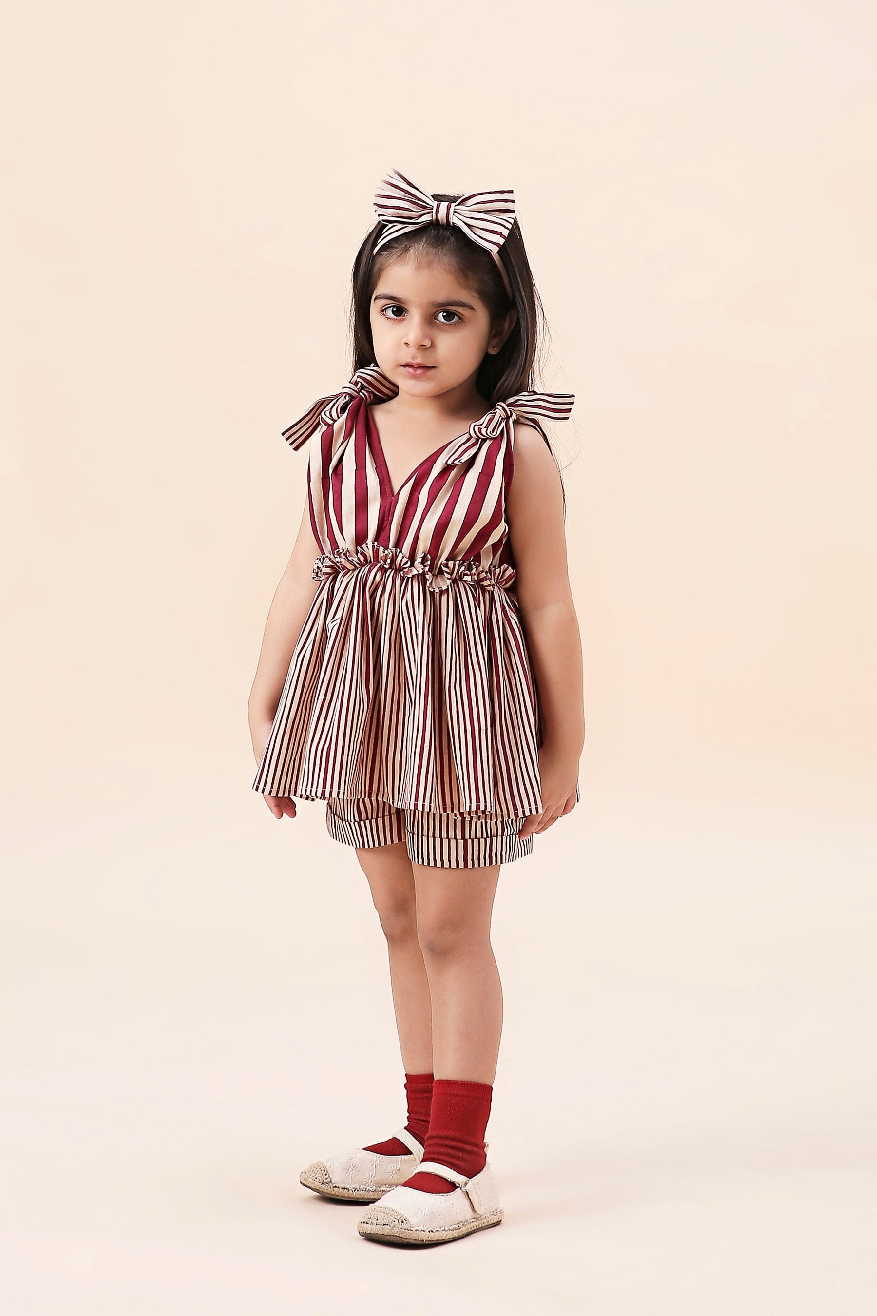 Mati Outfit Sets Mini MATI Girls Ivory With Mauve Striped Frill Top and Shorts Co-Ord Set (2 PCS)