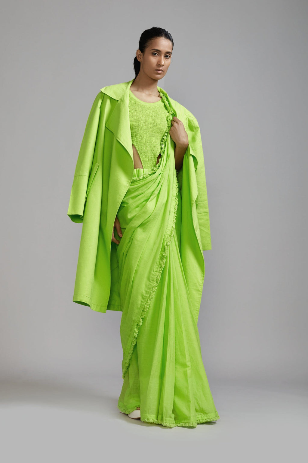 Mati Outfit Sets Neon Green Fringed Saree-Bodysuit-Jacket Set (3 PCS)