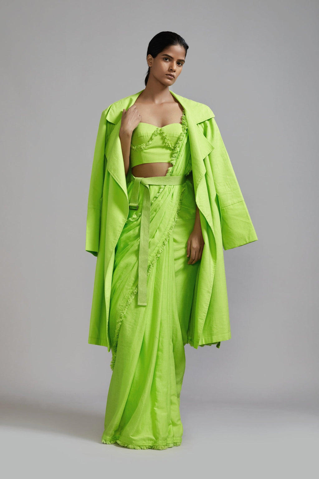 Mati Outfit Sets Neon Green Fringed Saree-Corset-Jacket Set (3 PCS)