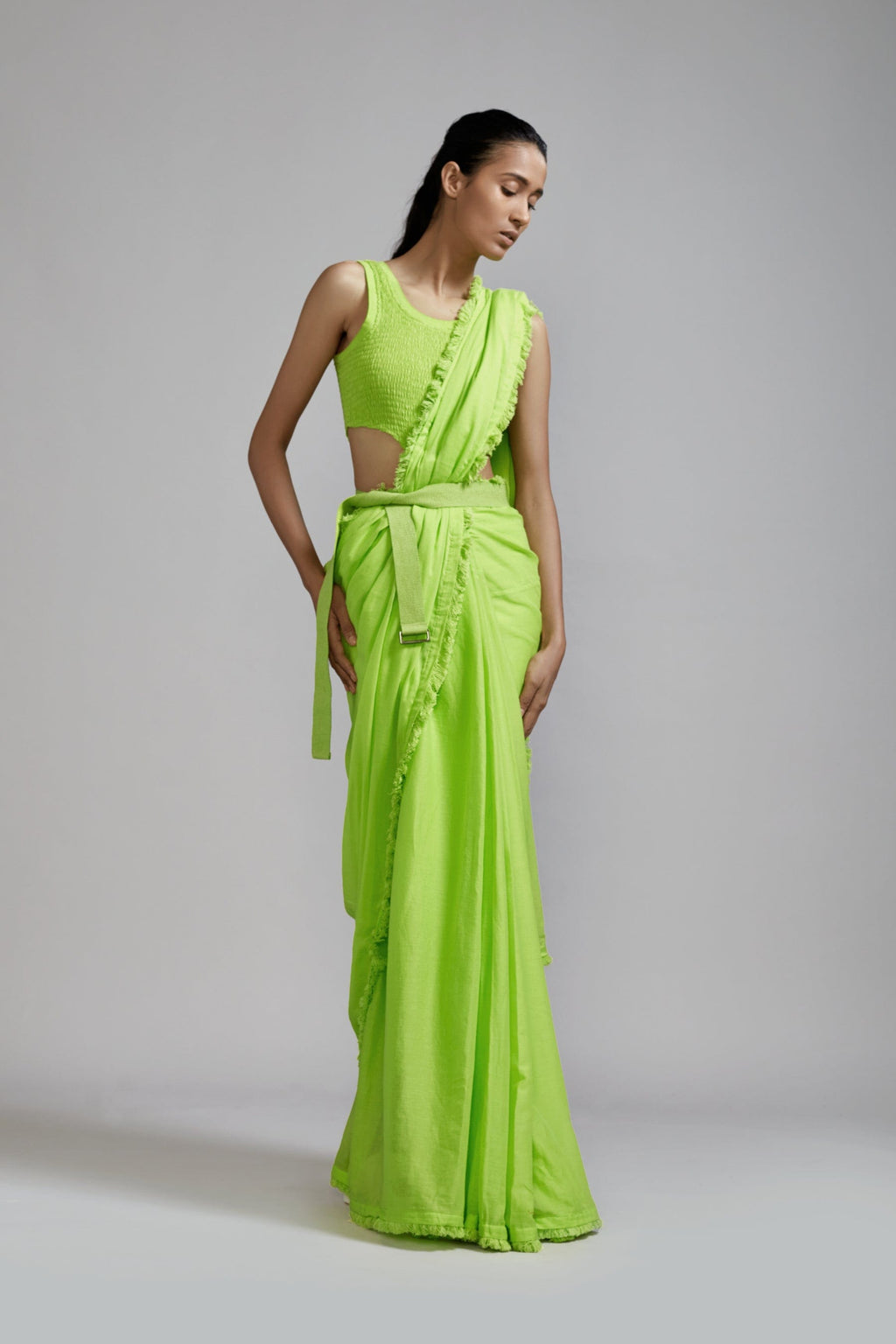 Mati Outfit Sets Neon Green Saree & Smocked Bodysuit Set (2 PCS)