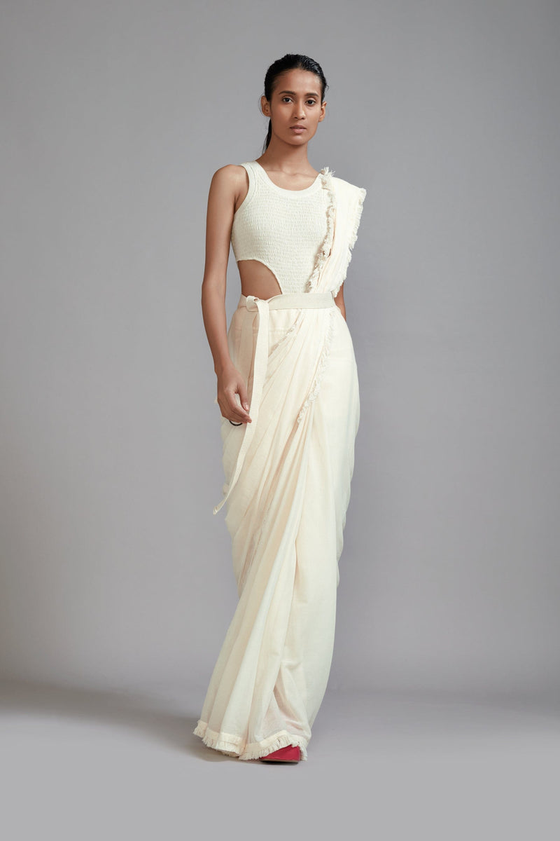 Mati Outfit Sets Off-White Saree & Smocked Bodysuit Set (2 PCS)