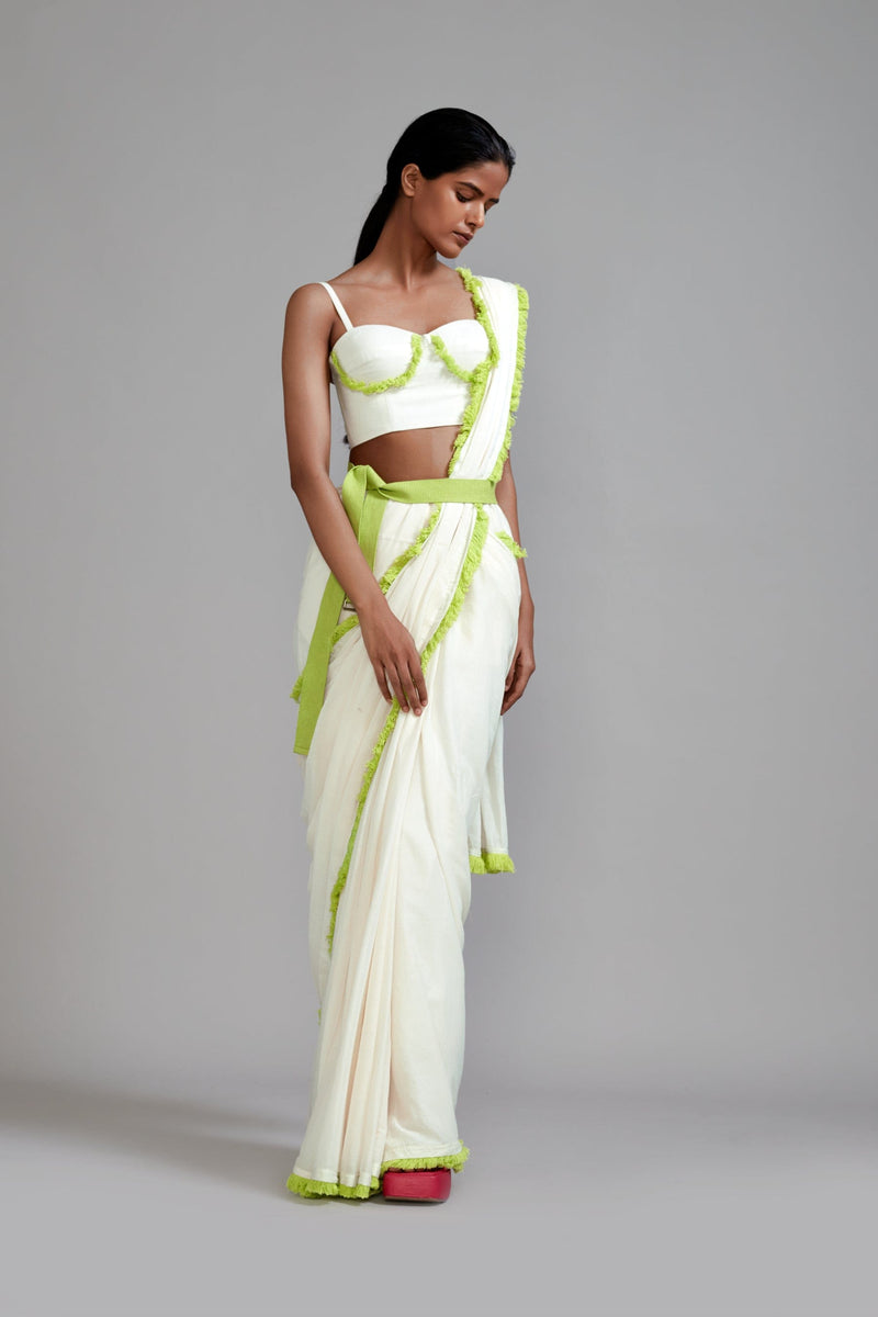 Mati Outfit Sets Off-White With Neon Green Saree & Fringed Corset Set (2 PCS)