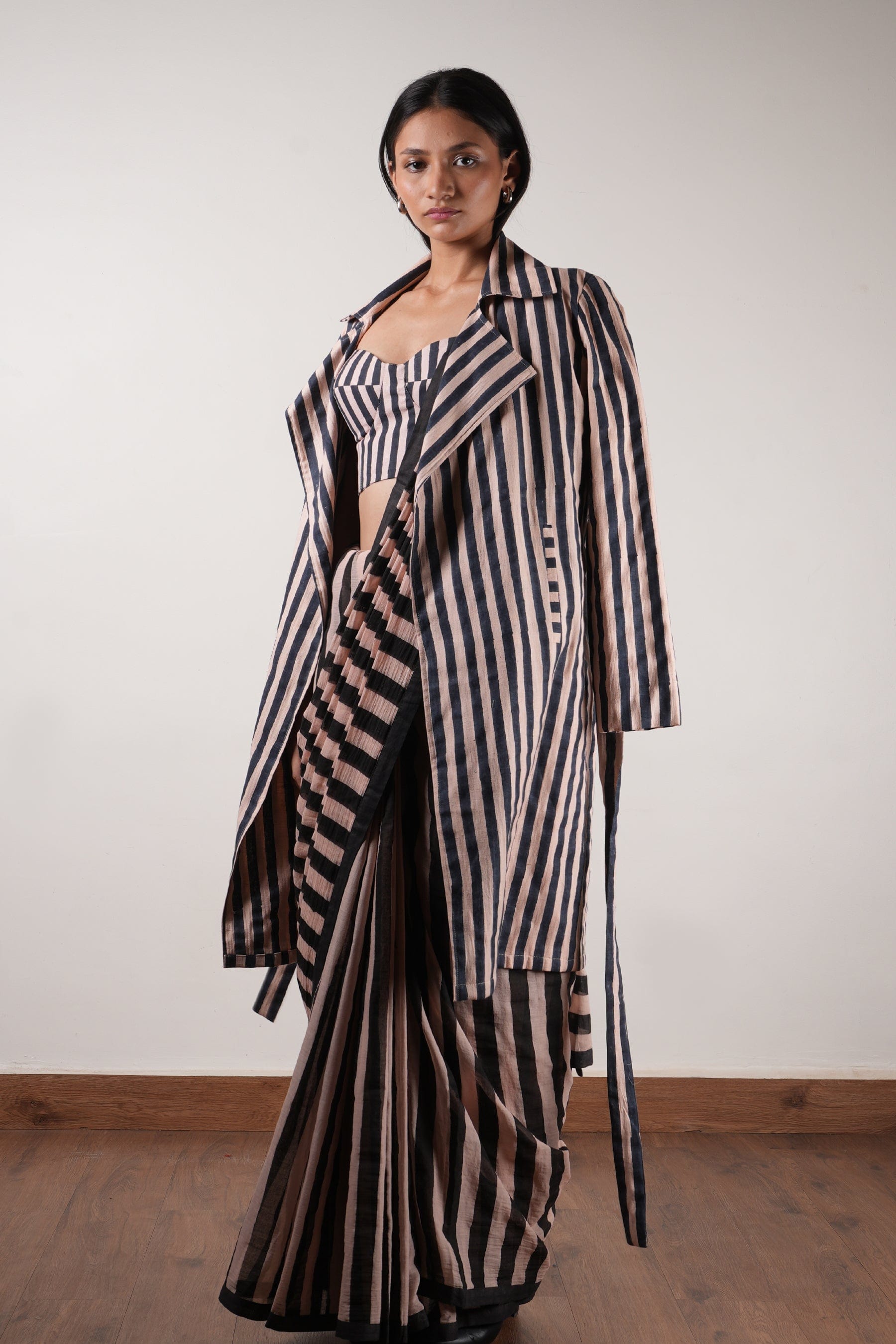 Mati Outfit Sets Pink with Charcoal Block Printed Corset, Saree & Trench Set (3 PCS)