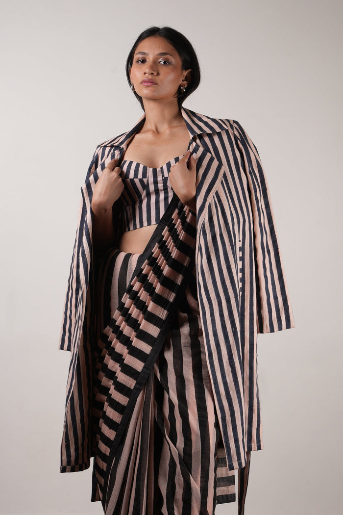 Mati Outfit Sets Pink with Charcoal Block Printed Corset, Saree & Trench Set (3 PCS)