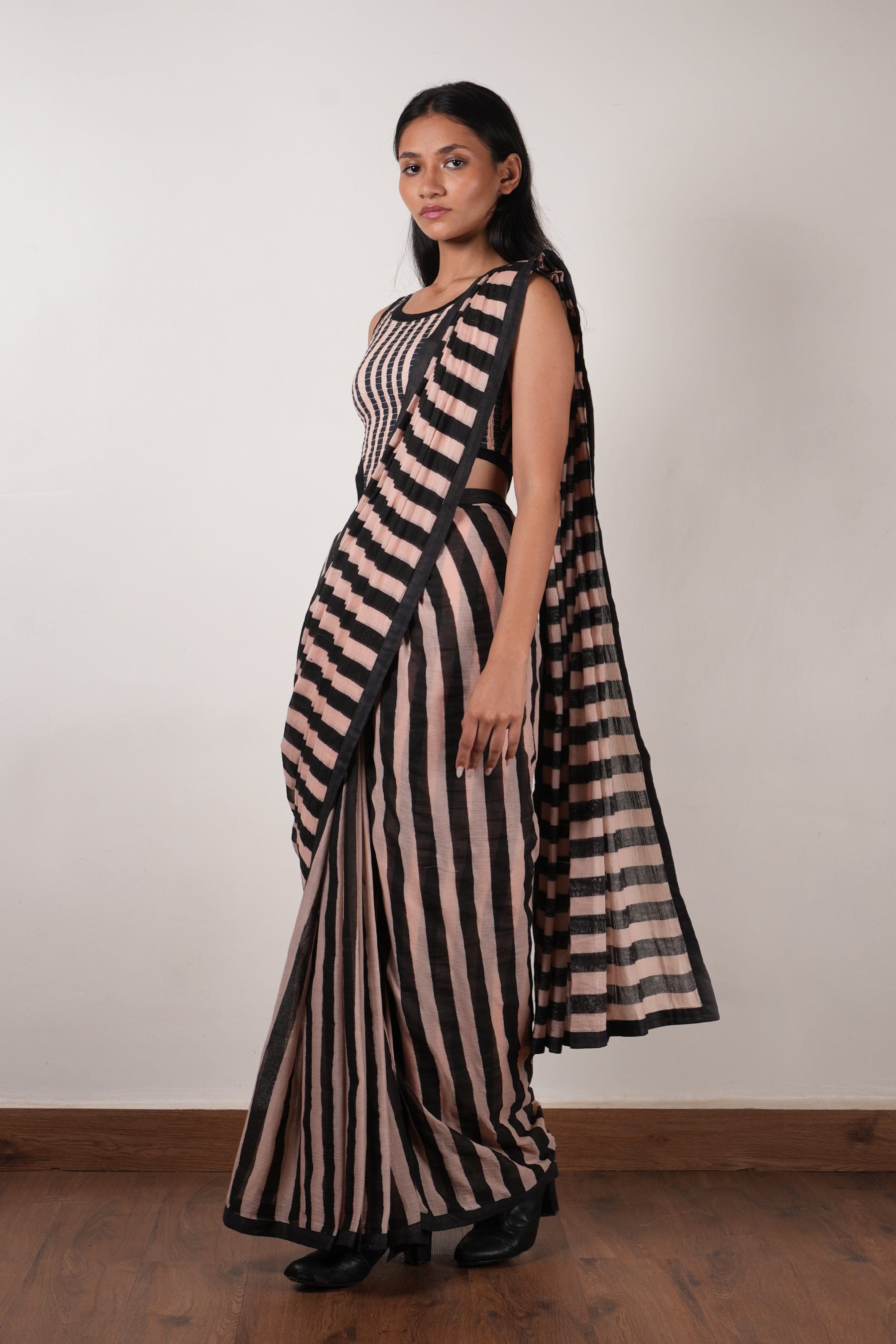 Mati Outfit Sets Pink with Charcoal Block Printed Smocked Bodysuit & Saree Set (2 PCS)