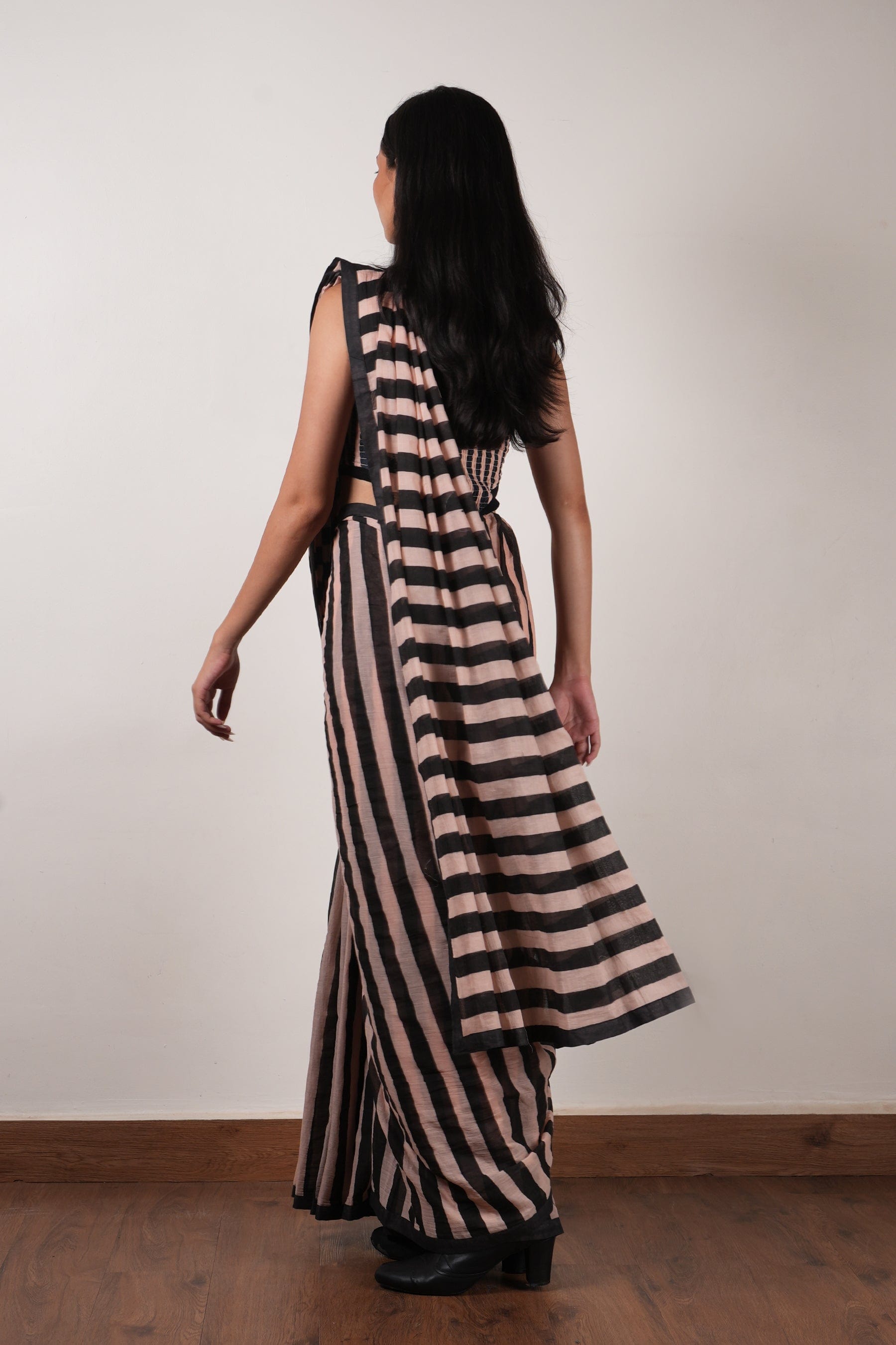 Mati Outfit Sets Pink with Charcoal Block Printed Smocked Bodysuit & Saree Set (2 PCS)