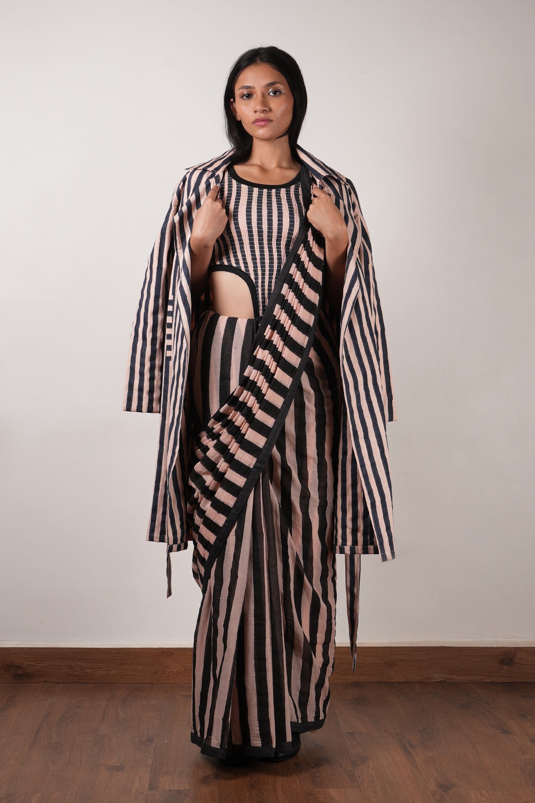 Mati Outfit Sets Pink with Charcoal Block Printed Smocked Bodysuit, Saree & Trench Jacket Set (3 PCS)