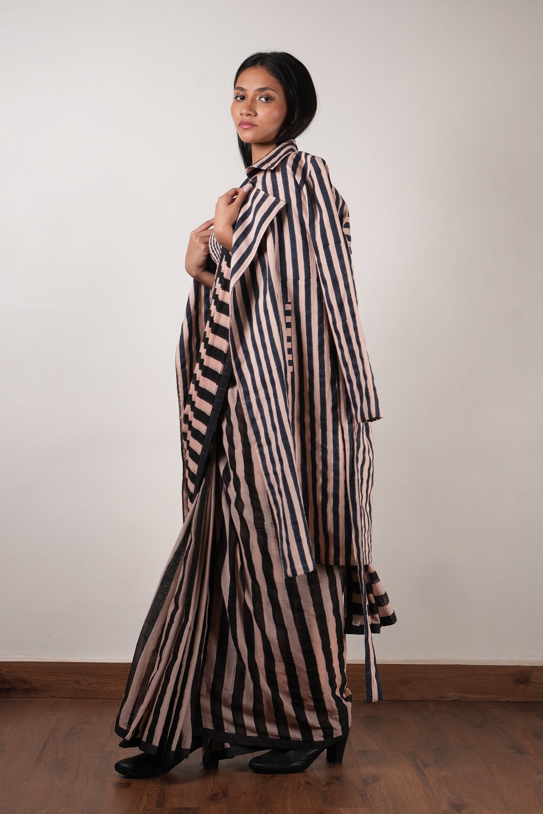 Mati Outfit Sets Pink with Charcoal Block Printed Smocked Bodysuit, Saree & Trench Jacket Set (3 PCS)