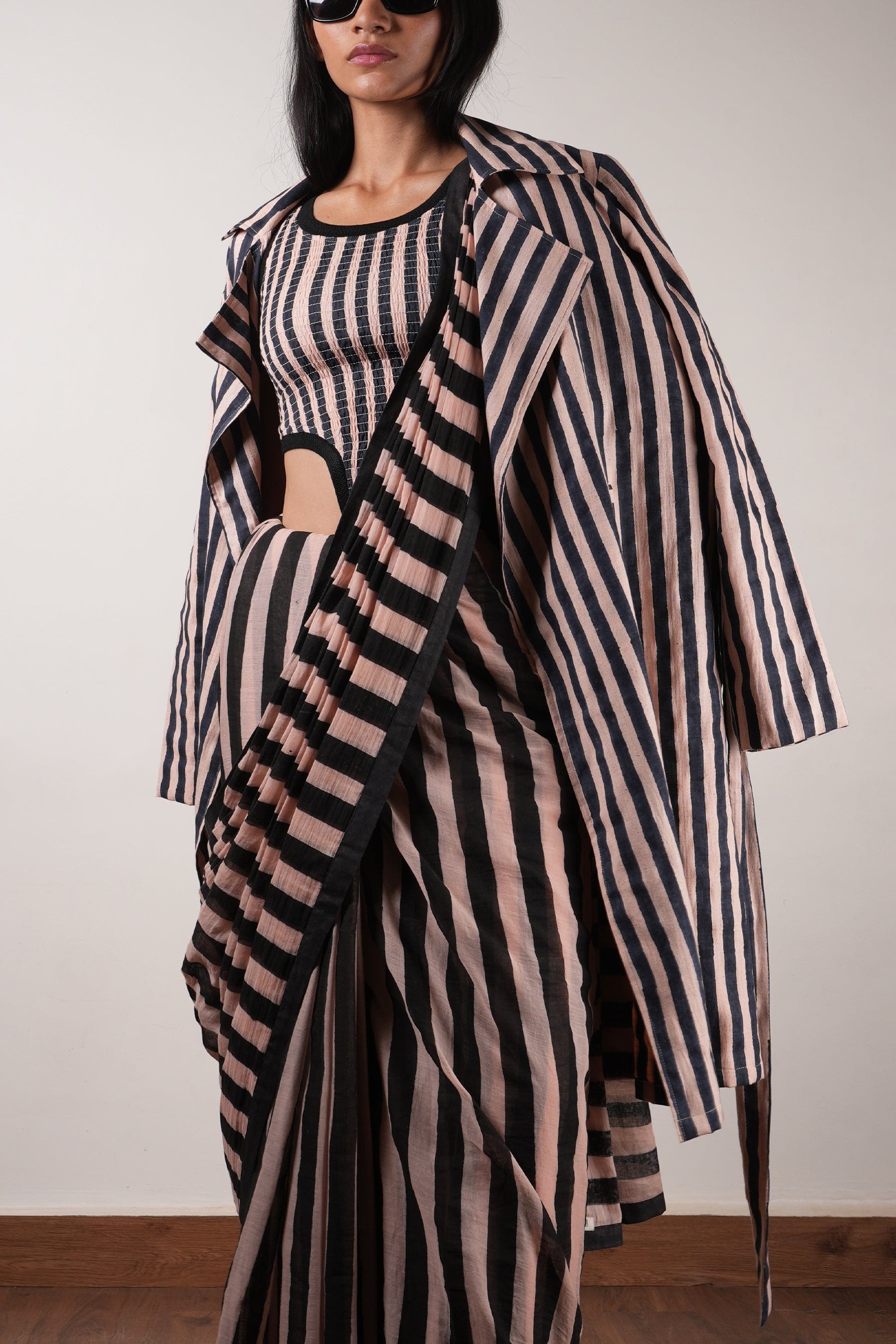 Mati Outfit Sets Pink with Charcoal Block Printed Smocked Bodysuit, Saree & Trench Jacket Set (3 PCS)