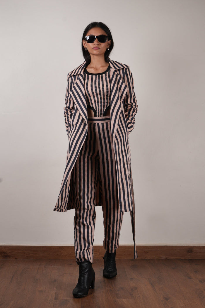 Mati Outfit Sets Pink with Charcoal Block Printed Striped Trench & Bodysuit Set (3 PCS)