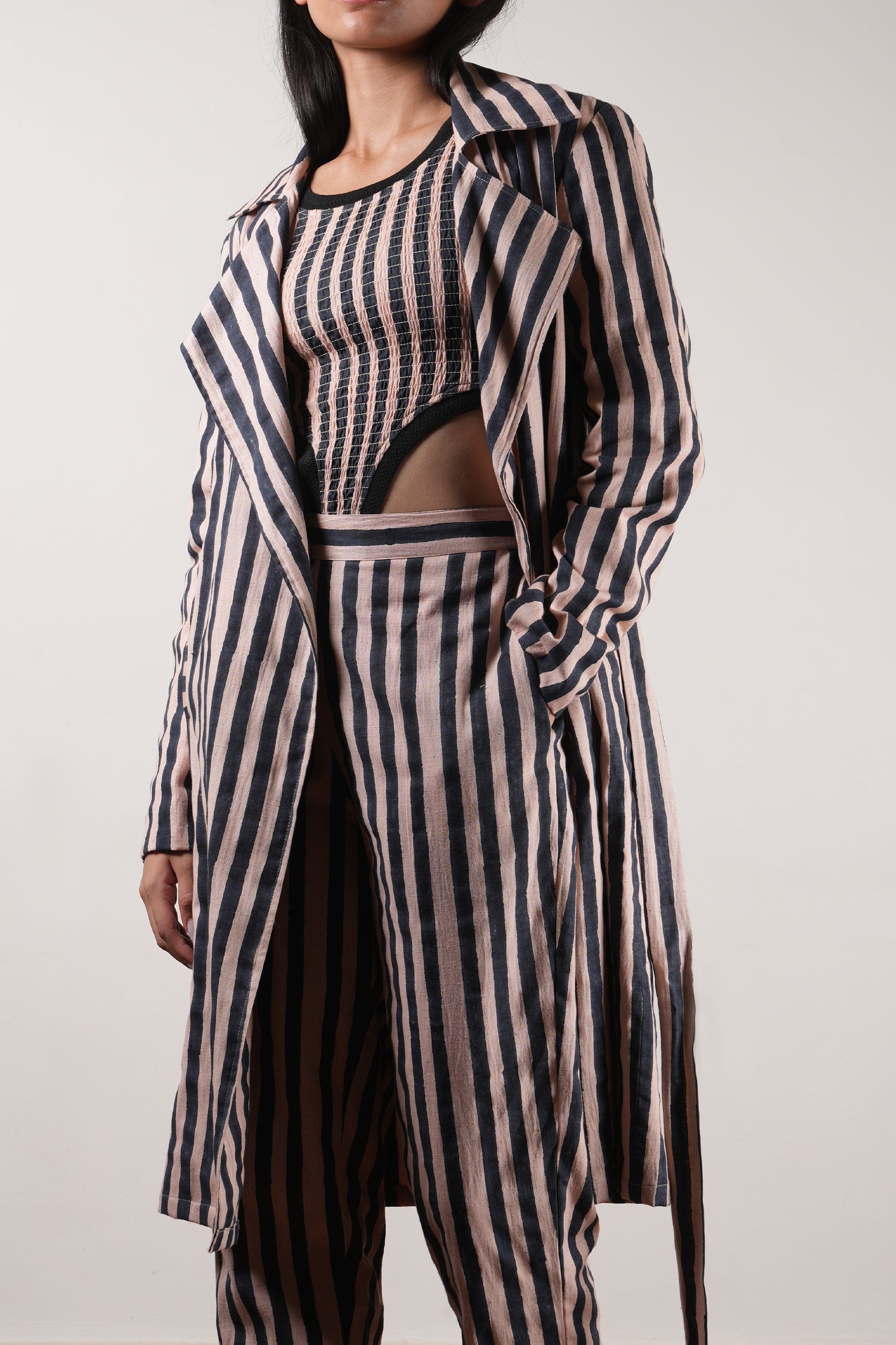 Mati Outfit Sets Pink with Charcoal Block Printed Striped Trench & Bodysuit Set (3 PCS)
