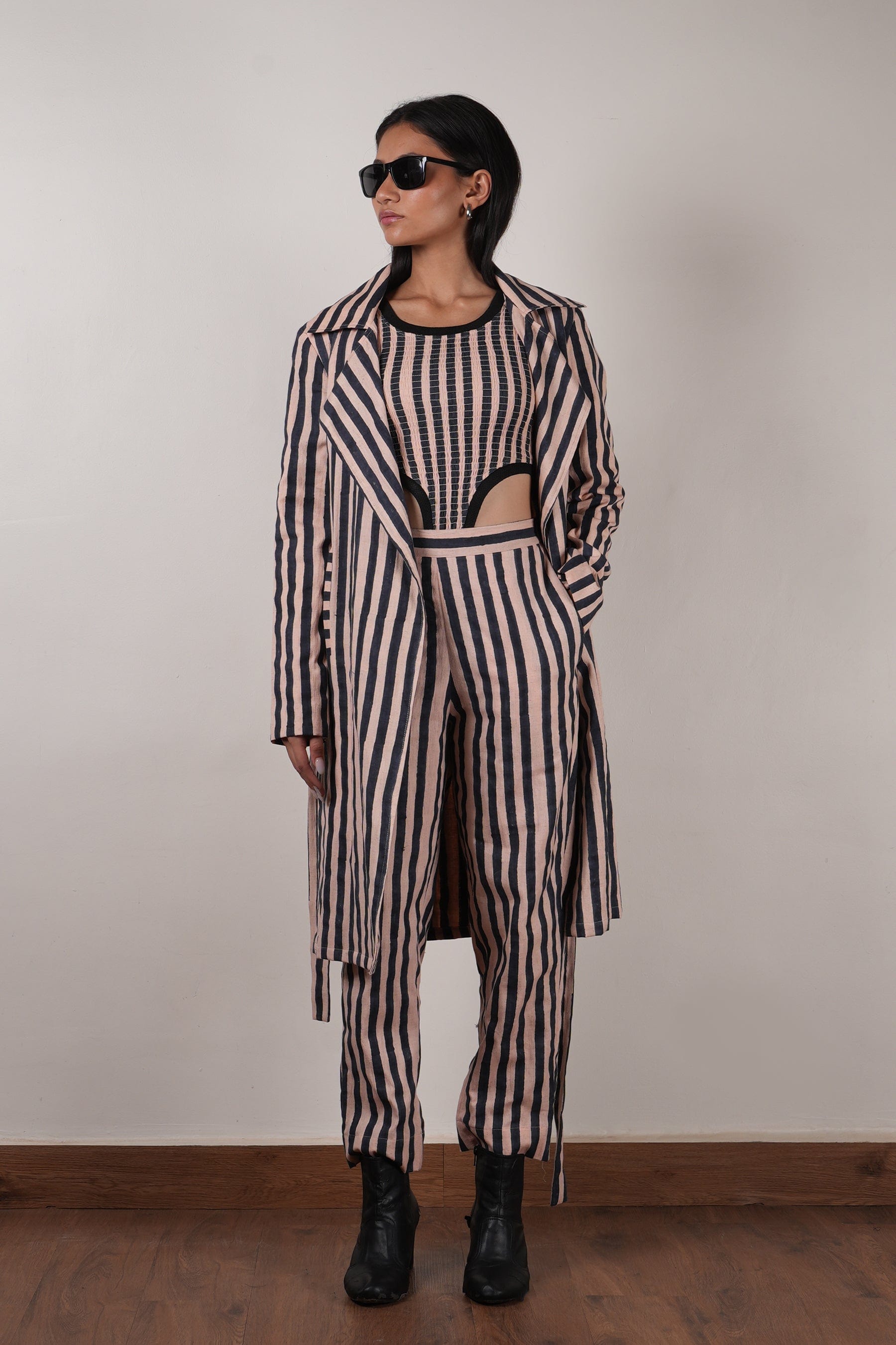 Mati Outfit Sets Pink with Charcoal Block Printed Striped Trench & Bodysuit Set (3 PCS)