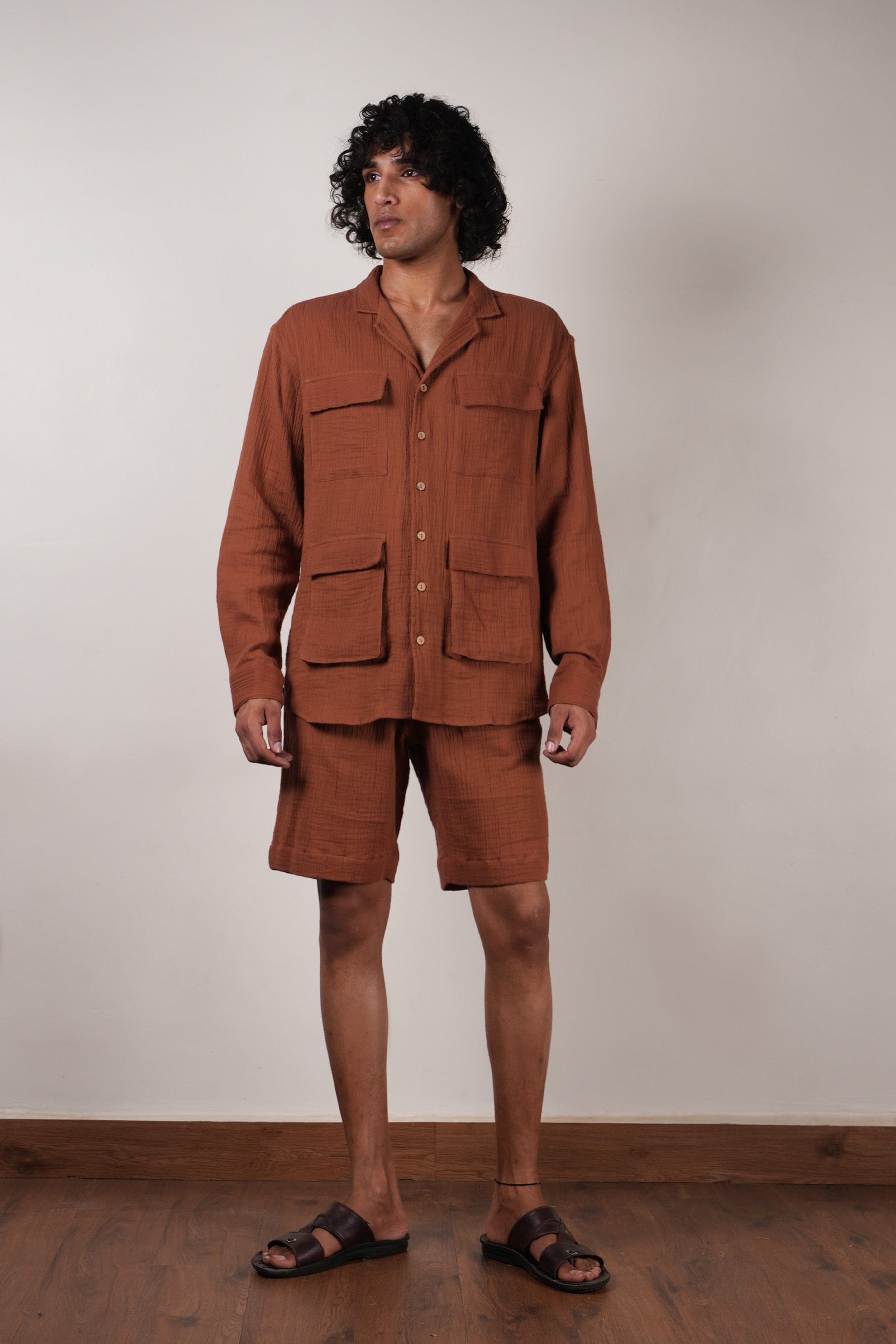 Mati Outfit Sets S Men's Brown Crush Cotton Pocket Shirt & Shorts Set (2 PCS)