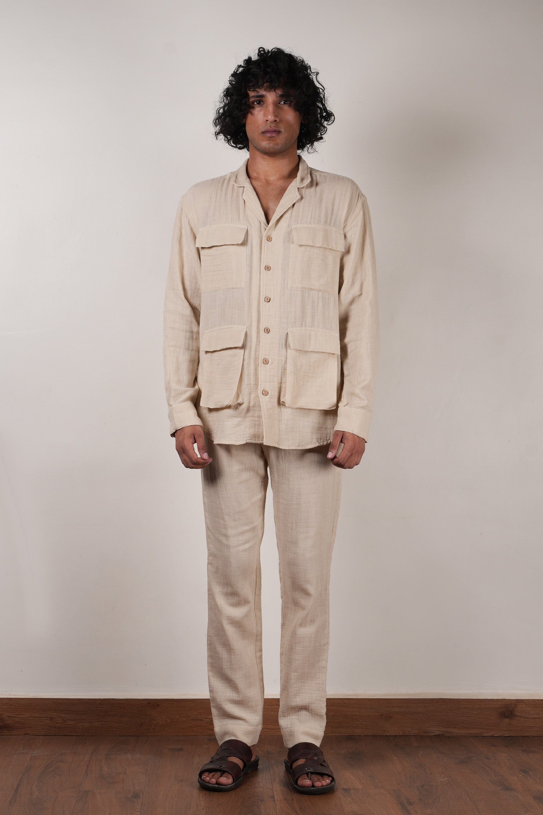 Mati Outfit Sets S Men's Cream Crush Cotton Pocket Shirt & Pant Set (2 PCS)