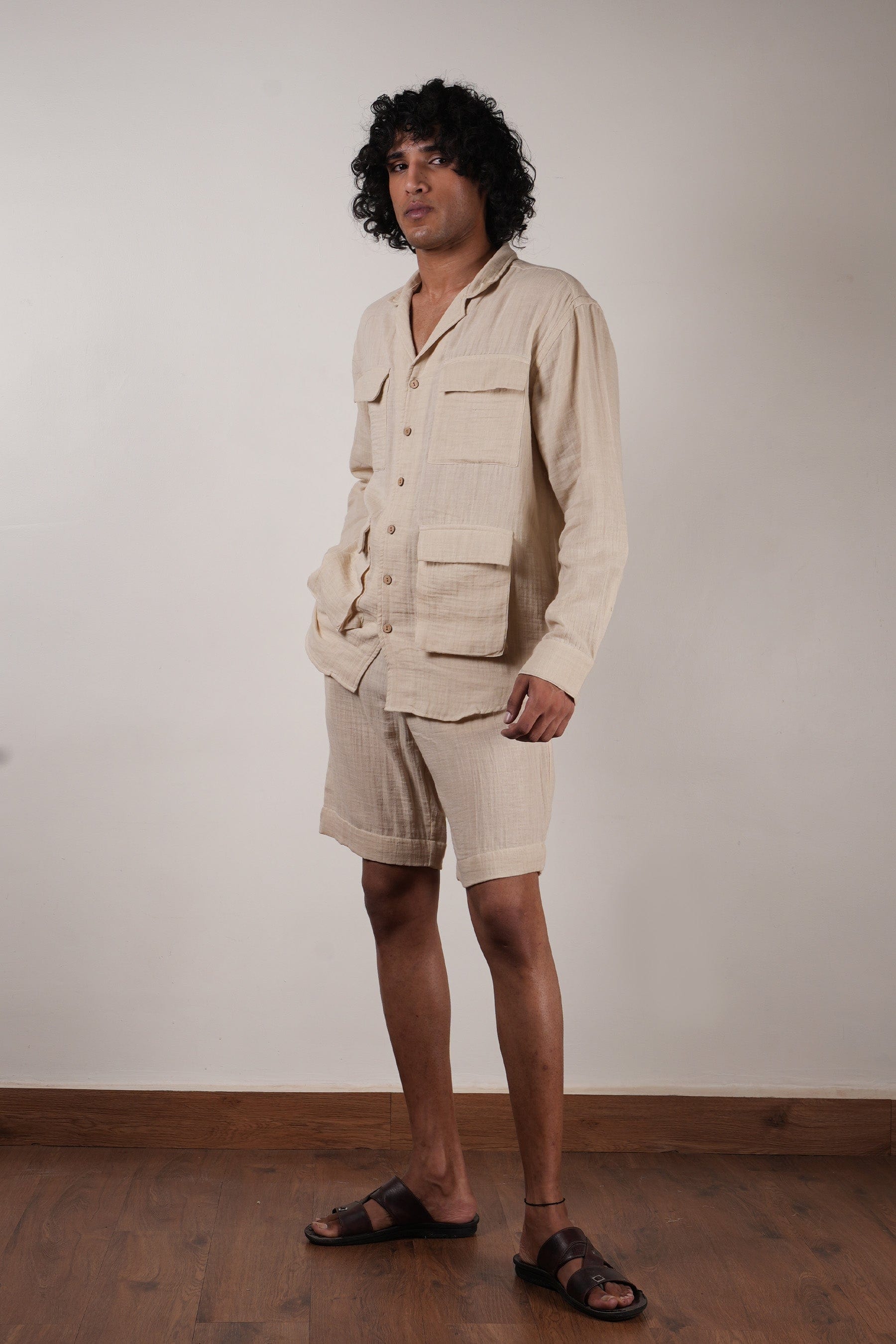 Mati Outfit Sets S Men's Cream Crush Cotton Pocket Shirt & Shorts Set (2 PCS)