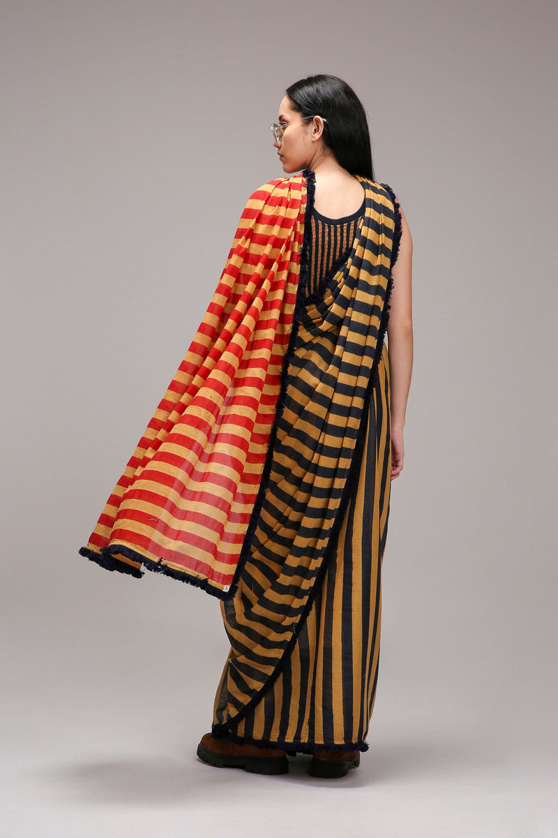 Mati Outfit Sets Tan-Brown Bodysuit & Dual Striped Saree Set (2 PCS)