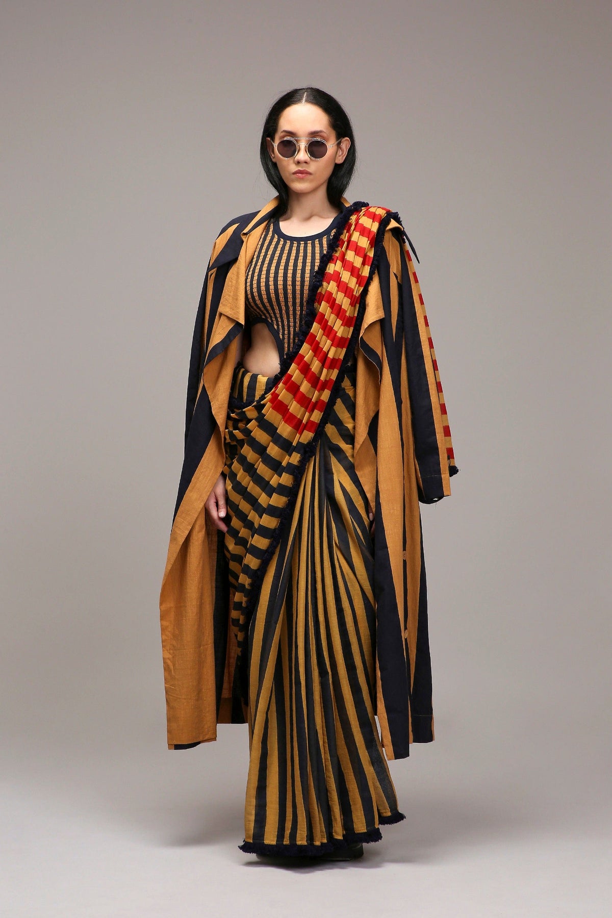 Mati Outfit Sets Tan-Brown Bodysuit with Trench & Dual Striped Saree Set (3 PCS)