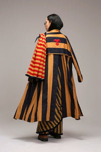 Mati Outfit Sets Tan-Brown Bodysuit with Trench & Dual Striped Saree Set (3 PCS)