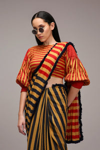 Mati Outfit Sets Tan-Brown Crop Top & Dual Striped Saree Set (2 PCS)