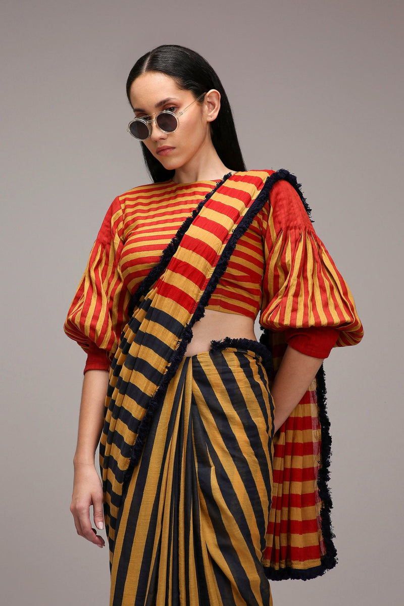 Mati Outfit Sets Tan-Brown Crop Top & Dual Striped Saree Set (2 PCS)