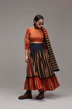 Mati Outfit Sets Tan-Brown Crop Top Dual Striped Stole Skirt Set (3 PCS)