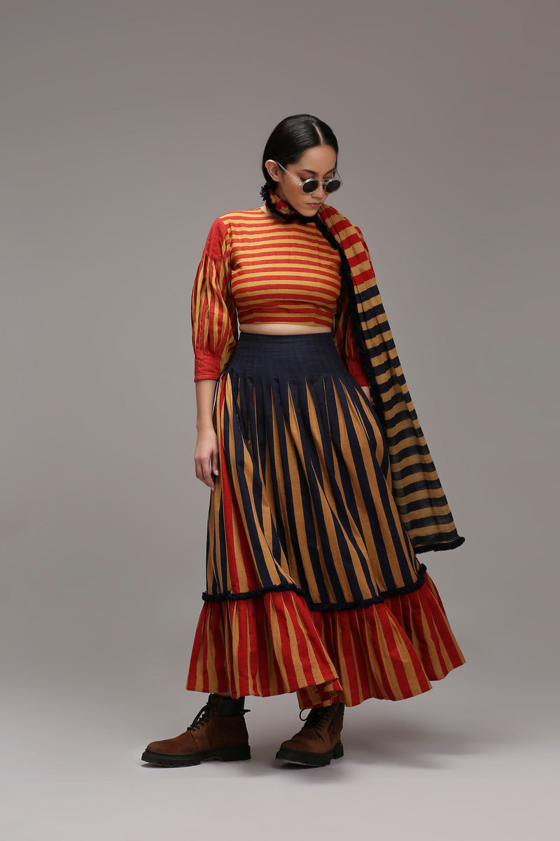 Mati Outfit Sets Tan-Brown Crop Top Dual Striped Stole Skirt Set (3 PCS)