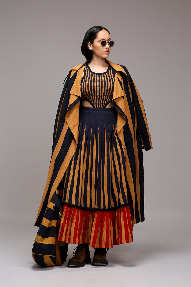 Mati Outfit Sets Tan-Brown Trench Bodysuit Dual Striped Skirt Set (3 PCS)