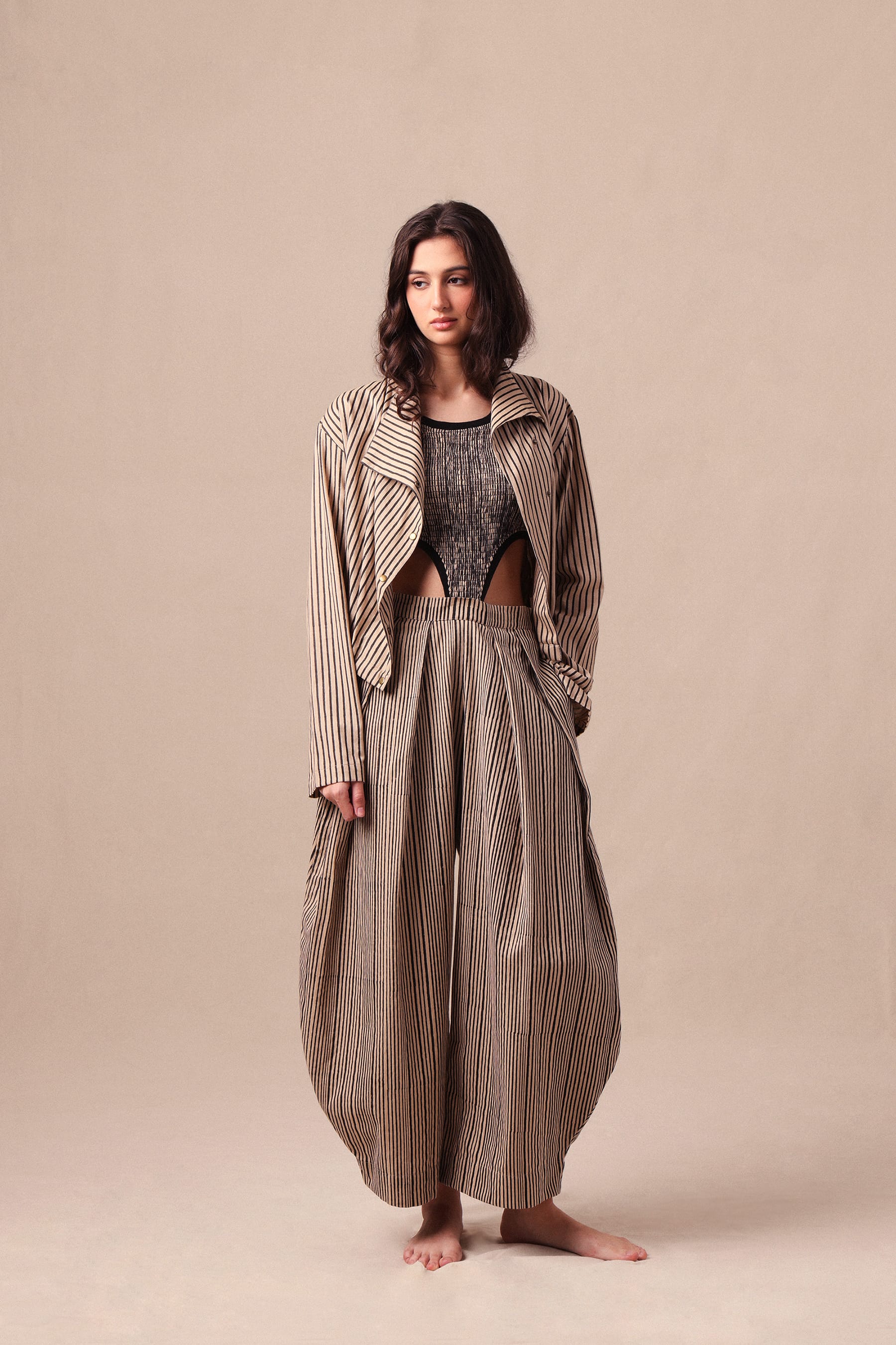 Mati Outfit Sets XS Charcoal Striped Bodysuit Barrel Pants and Crop Jacket Co-Ord Set (3 PCS)