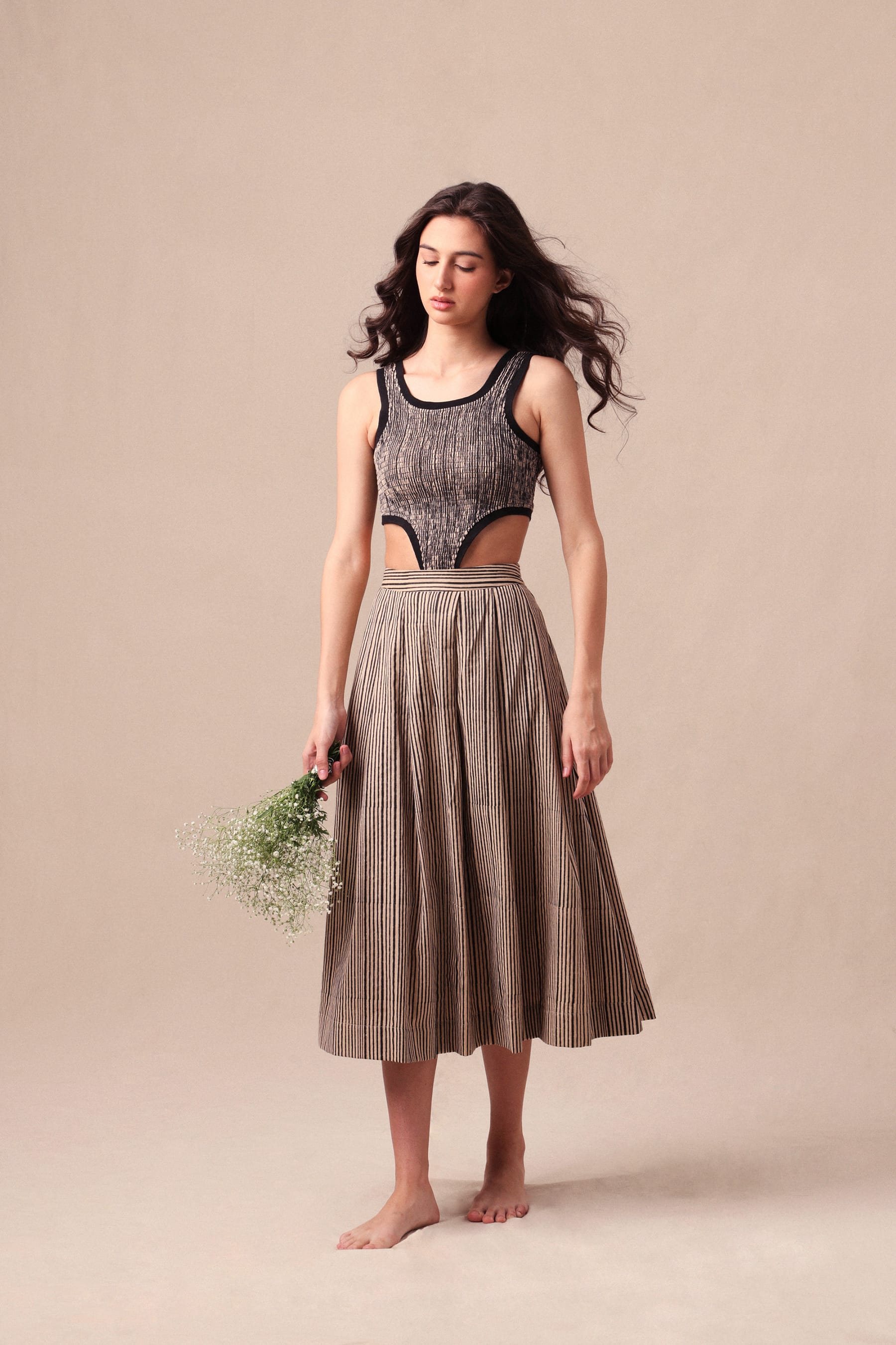 Mati Outfit Sets XS Charcoal Striped Bodysuit & Box Pleated Skirt Co-Ord Set (2 PCS)