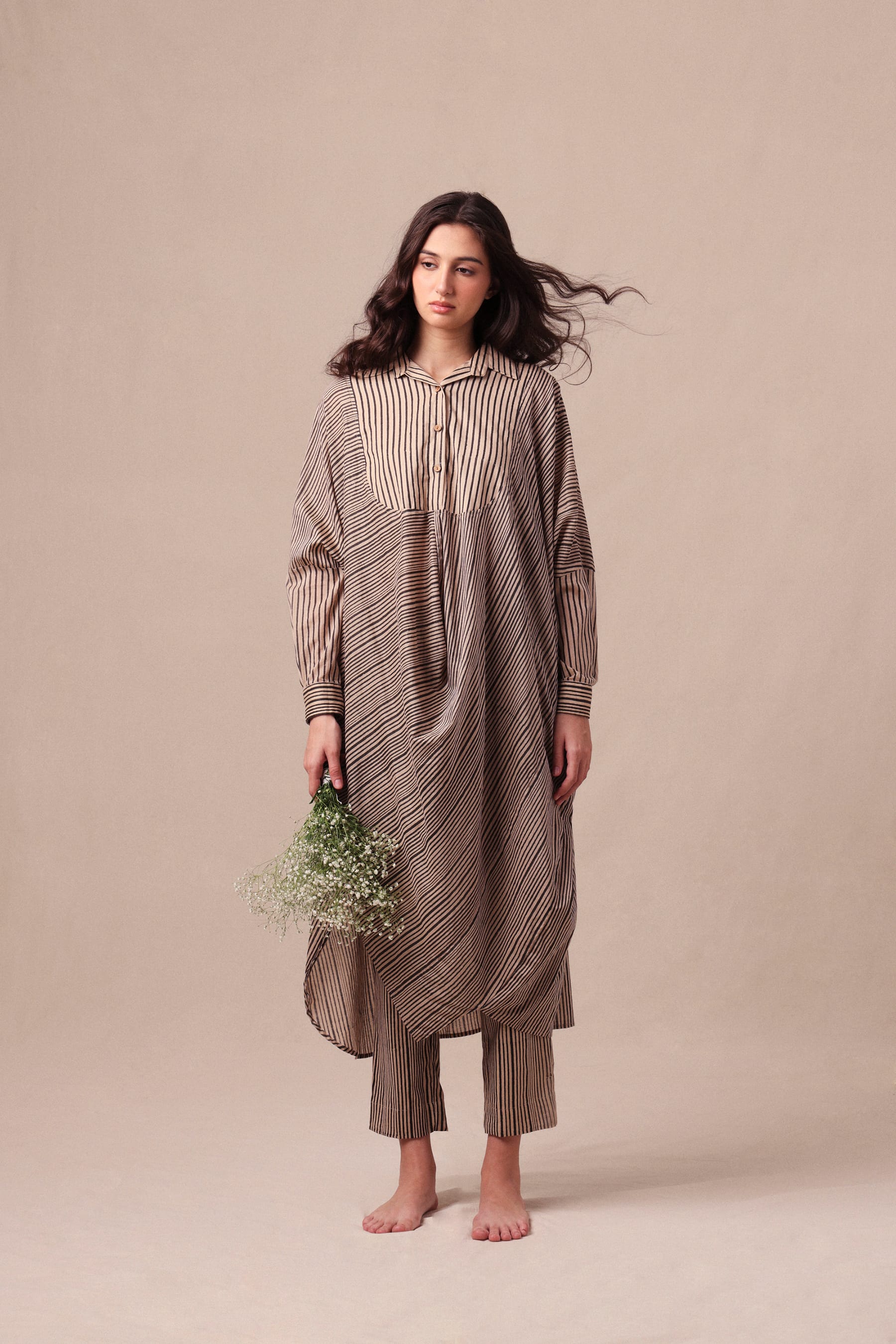 Mati Outfit Sets XS Charcoal Striped Shirt Cowl Tunic & SE Pants Co-Ord Set (2 PCS)