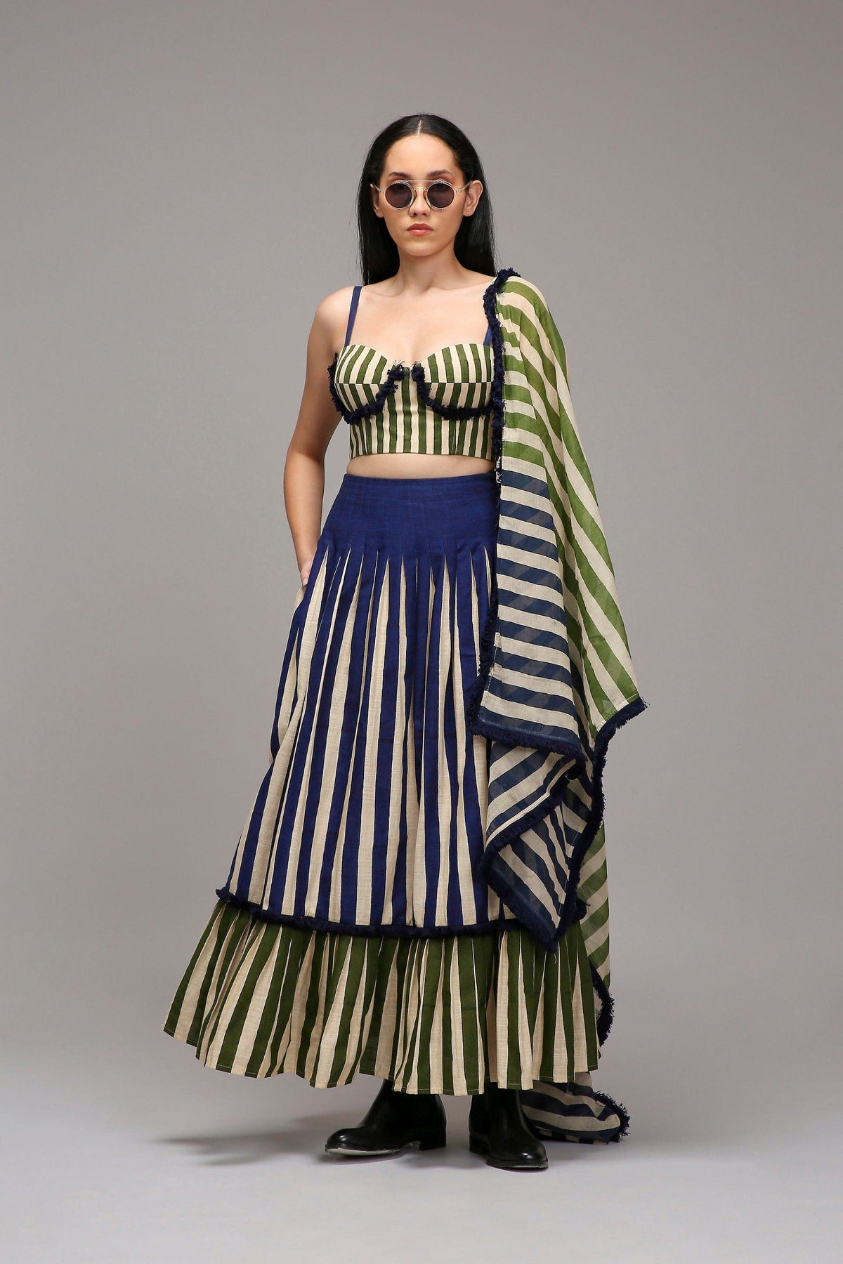 Mati Outfit Sets XS Egg-Shell Corset Dual Striped Stole Skirt Set (3 PCS)