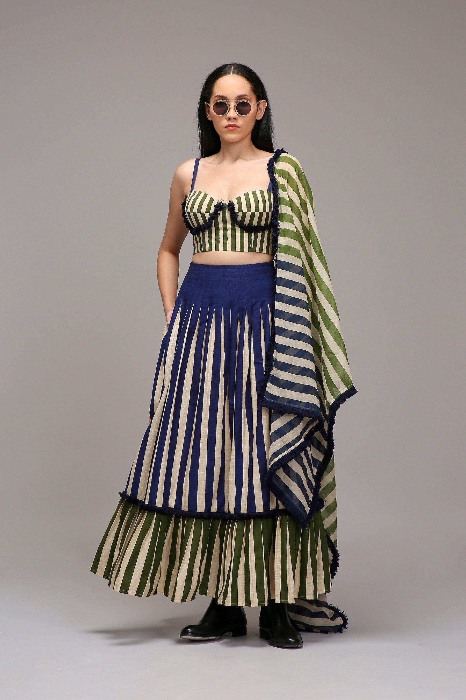 Mati Outfit Sets XS Egg-Shell Corset Dual Striped Stole Skirt Set (3 PCS)