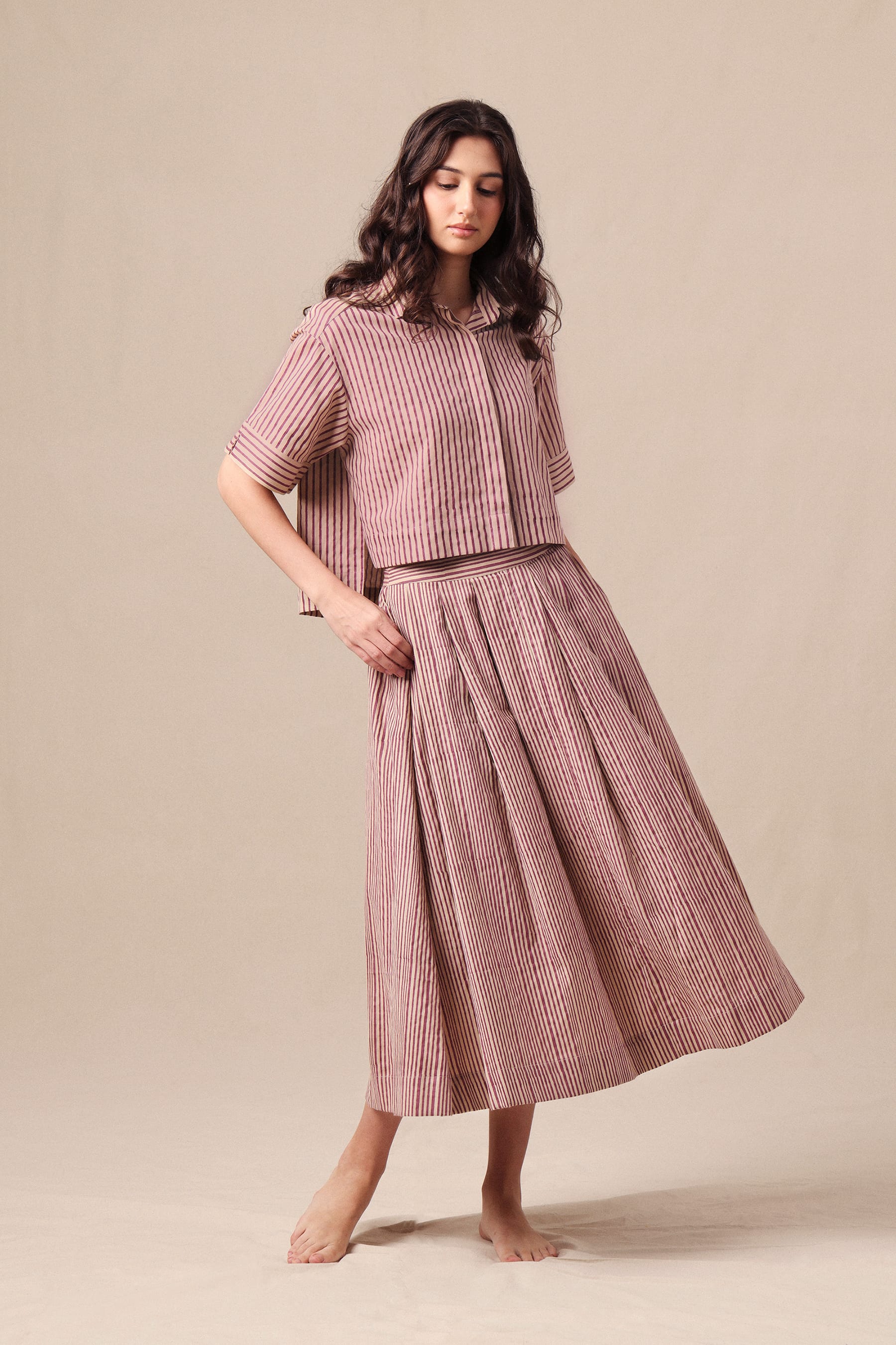Mati Outfit Sets XS Mauve Striped Ekin Crop Shirt & Box Pleated Skirt Co-Ord Set (2 PCS)