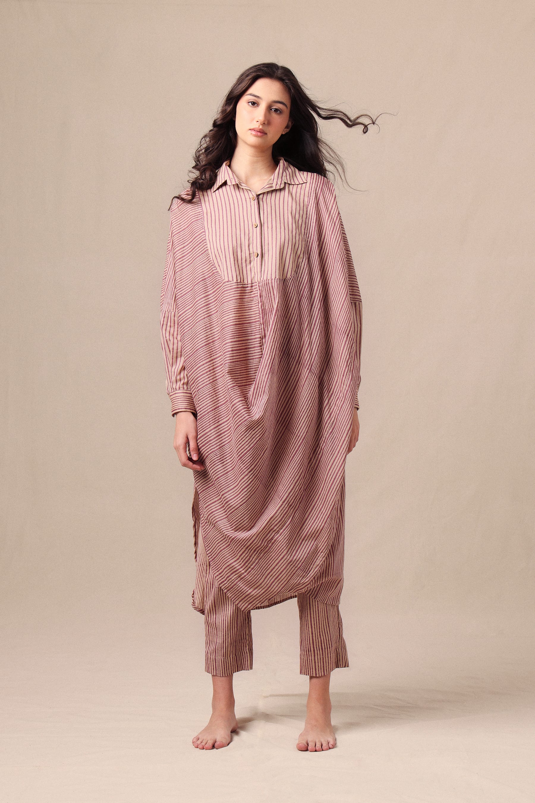 Mati Outfit Sets XS Mauve Striped Shirt Cowl Tunic & SE Pants Co-Ord Set (2 PCS)
