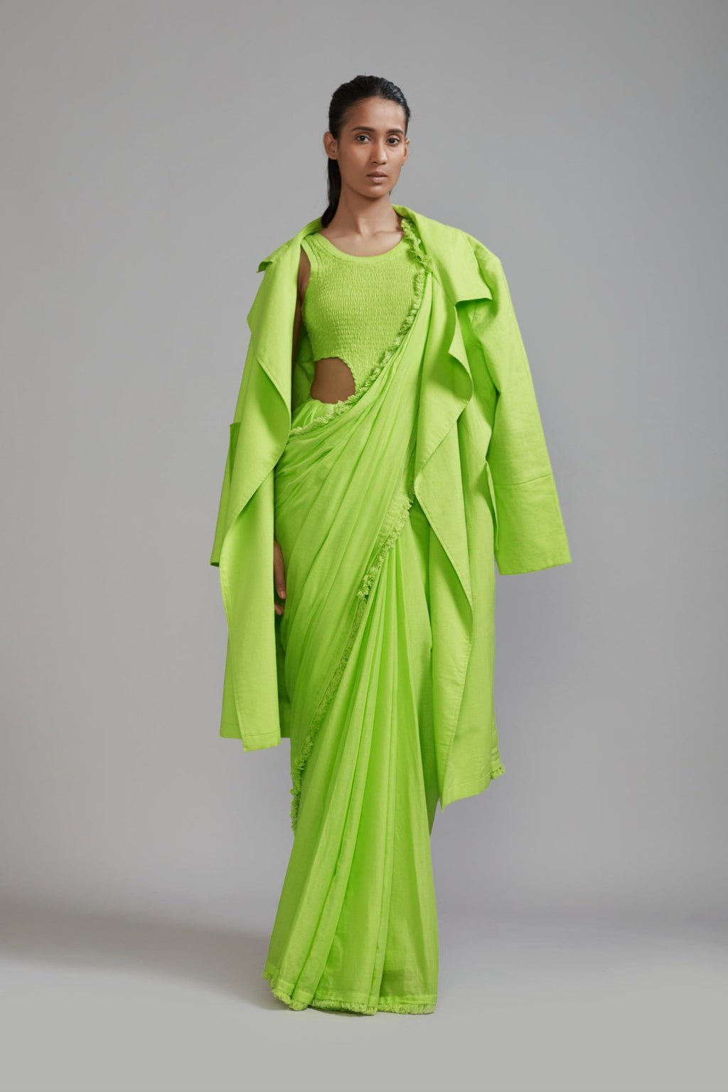 Mati Outfit Sets XS Neon Green Fringed Saree-Bodysuit-Jacket Set (3 PCS)