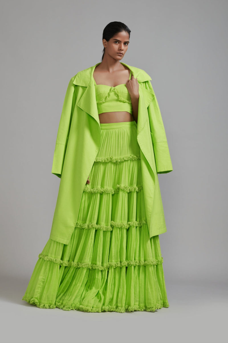 Mati Outfit Sets XS Neon Green Fringed Tiered Lehenga Jacket Set (3 PCS)