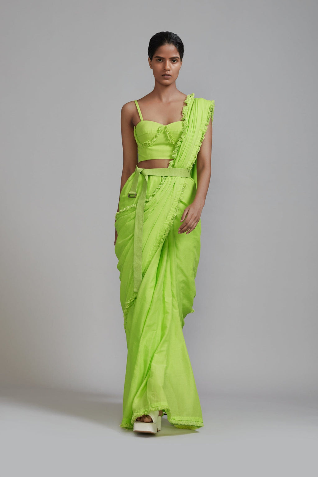 Mati Outfit Sets XS Neon Green Saree & Fringed Corset Set (2 PCS)