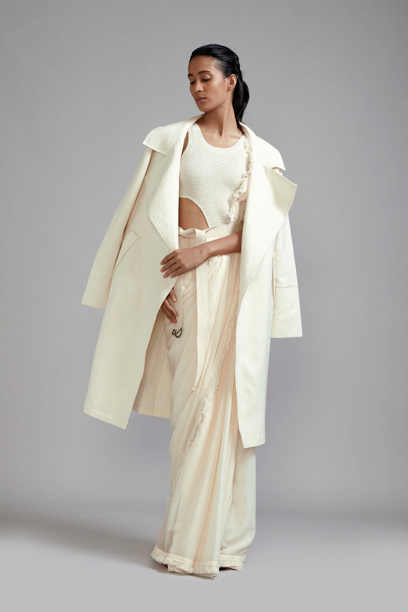 Mati Outfit Sets Off-White Fringed Saree-Bodysuit-Jacket Set (3 PCS)