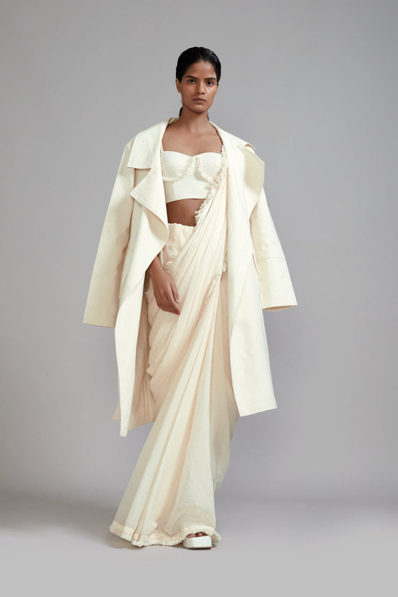 Mati Outfit Sets XS Off-White Fringed Saree-Corset-Jacket Set (3 PCS)