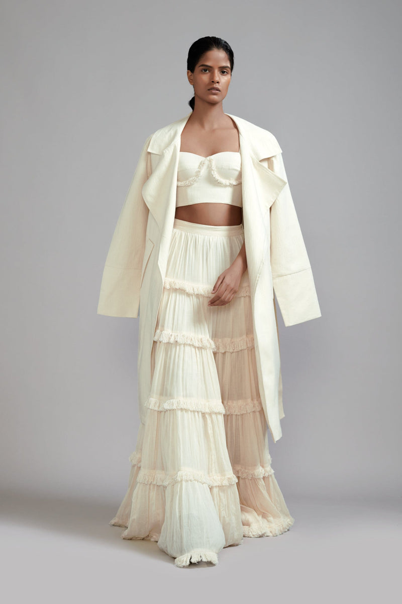 Mati Outfit Sets XS Off-White Fringed Tiered Lehenga Jacket Set (3 PCS)