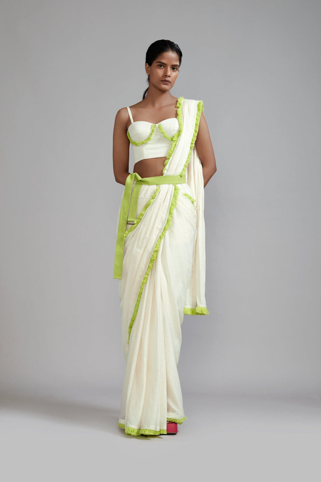 Mati Outfit Sets XS Off-White With Neon Green Saree & Fringed Corset Set (2 PCS)
