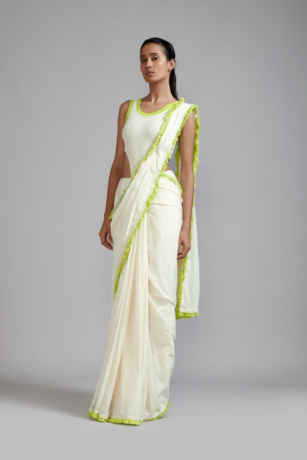 Mati Outfit Sets XS Off-White with Neon Green Saree & Smocked Bodysuit Set (2 PCS)