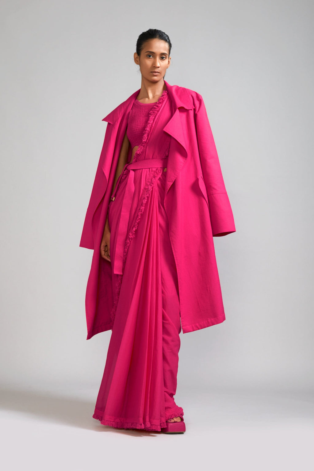 Mati Outfit Sets XS Pink Fringed Saree-Bodysuit-Jacket Set (3 PCS)