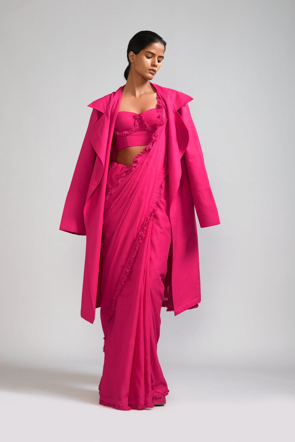 Mati Outfit Sets XS Pink Fringed Saree-Corset-Jacket Set (3 PCS)