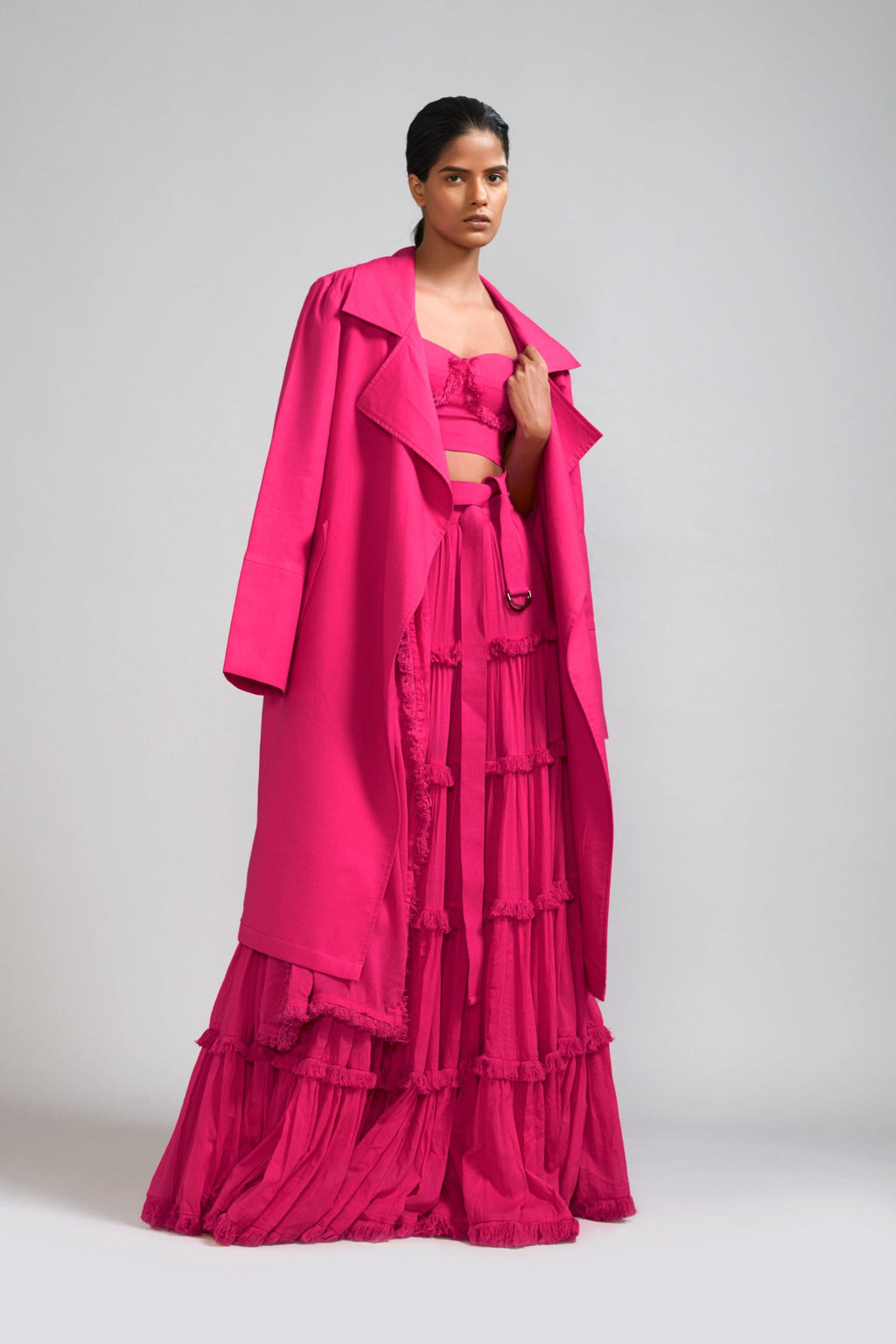 Mati Outfit Sets Pink Fringed Tiered Lehenga Jacket Set (3 PCS)