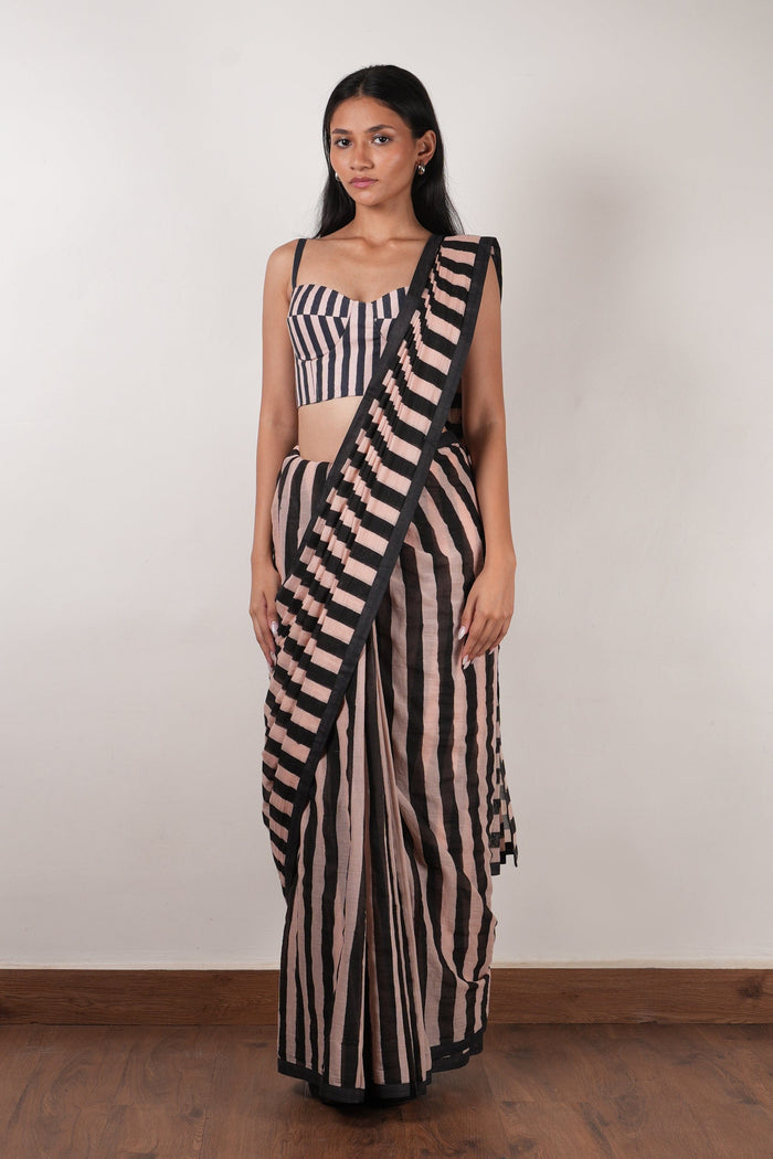 Mati Outfit Sets XS Pink with Charcoal Block Printed Corset & Saree Set (2 PCS)