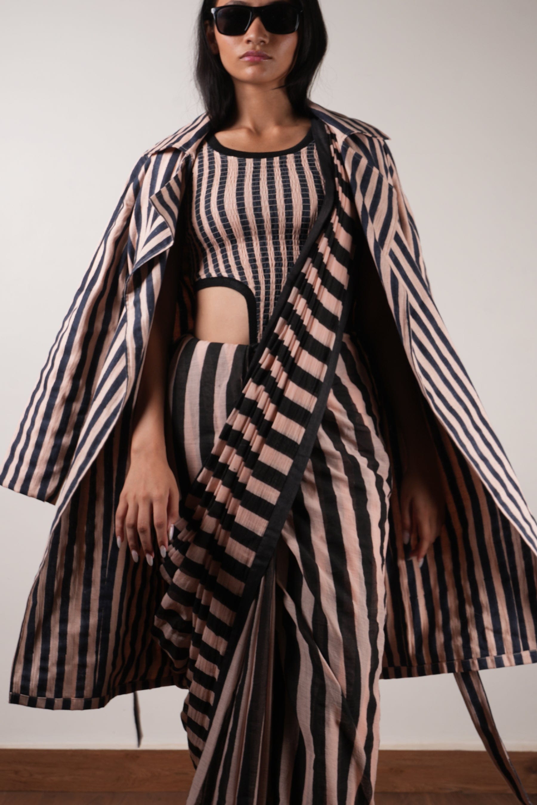 Mati Outfit Sets XS Pink with Charcoal Block Printed Smocked Bodysuit, Saree & Trench Jacket Set (3 PCS)