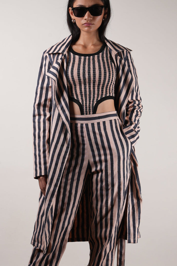 Mati Outfit Sets XS Pink with Charcoal Block Printed Striped Trench & Bodysuit Set (3 PCS)