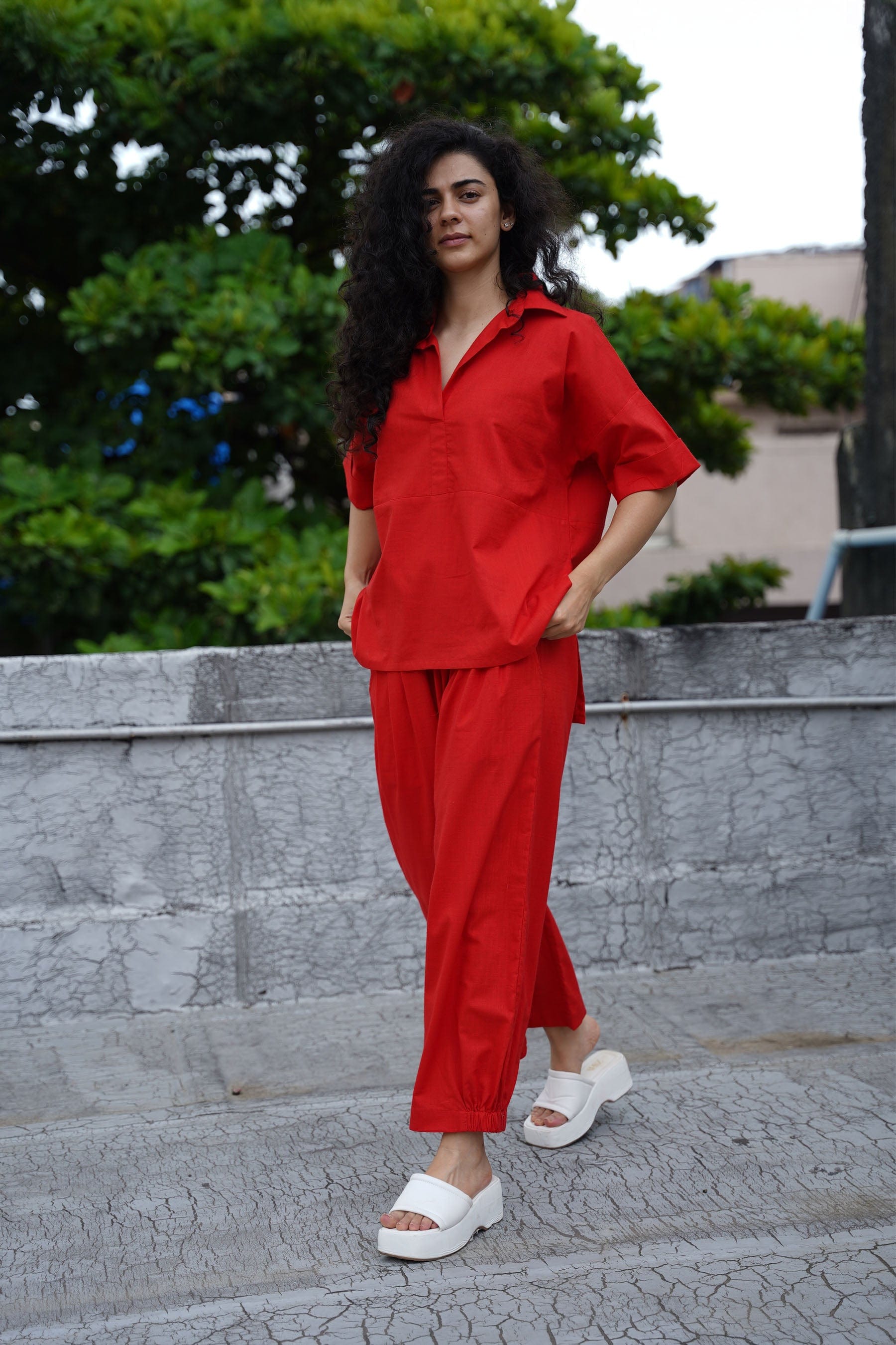 Mati Outfit Sets XS Red Ekin Shirt & Hera Cotton Co-Ord Set (2 PCS)